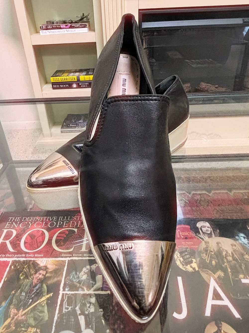 ✨ MIU MIU Smooth Black Leather Metal Cap Toe Platform Slip-On Sneakers